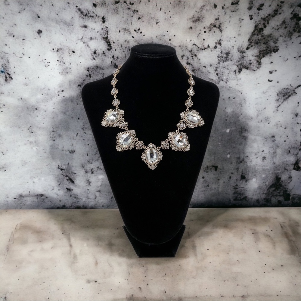 Natasha Bling Gold Tone Statement Necklace Clear Rhinestones